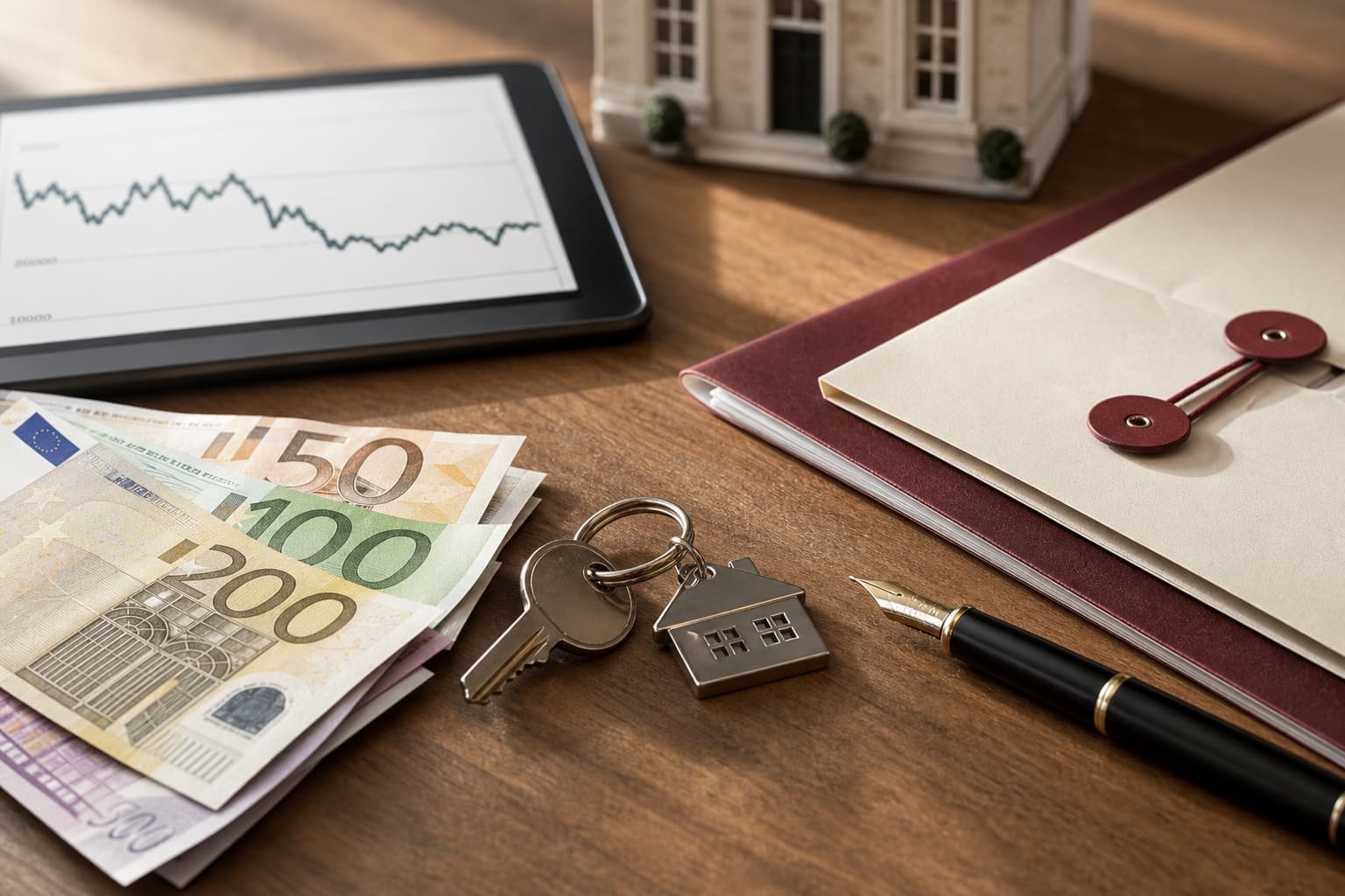 Euro banknotes, house keys and property transfer paperwork on a desk