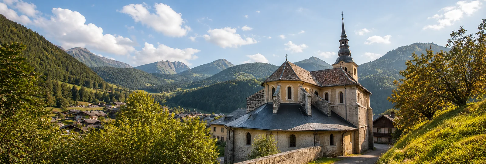 Abondance village church and surrounding Alpine valley