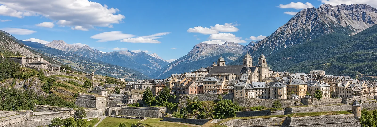 Briancon old town and green Alpine valley in summer