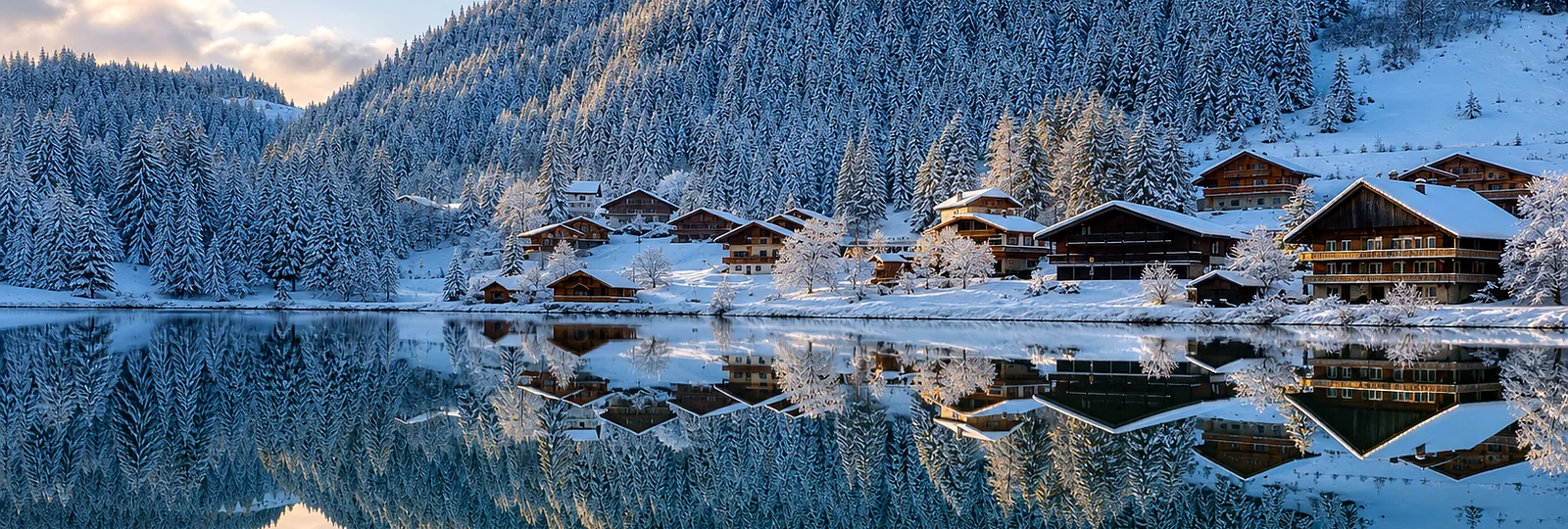 Chatel lakeside chalets and snowy Alpine forest