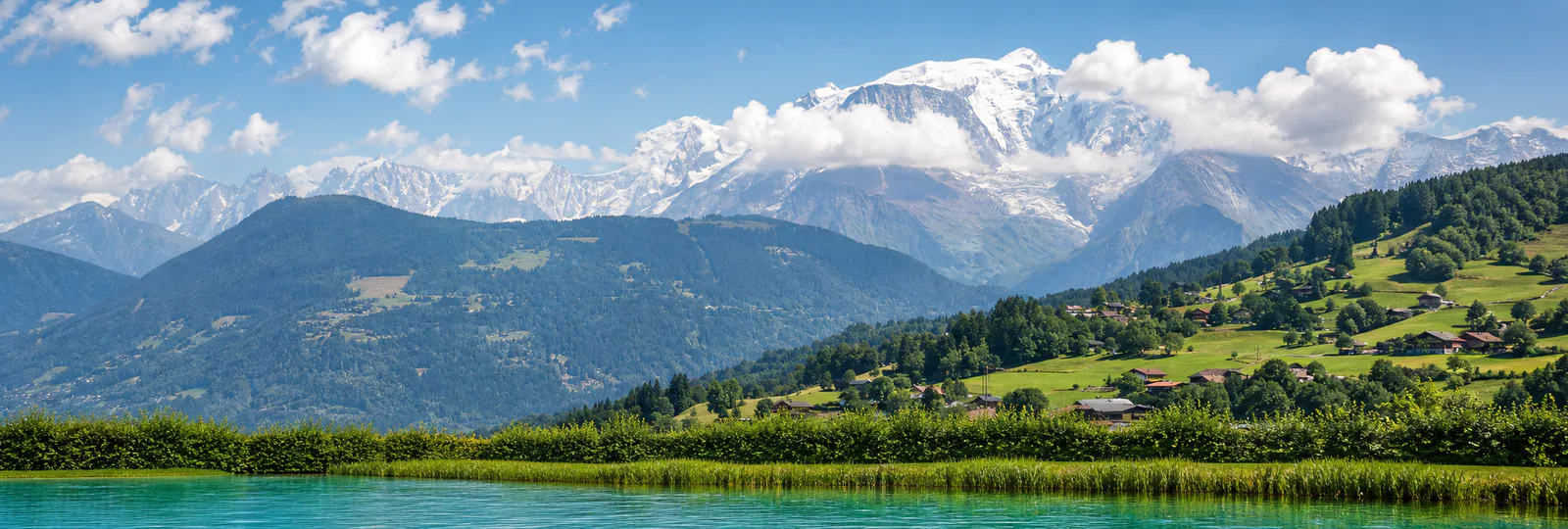 Combloux lake and Mont Blanc mountain panorama