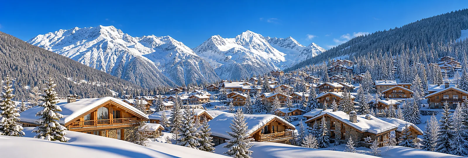 Courchevel chalets, snowy forest and mountain panorama