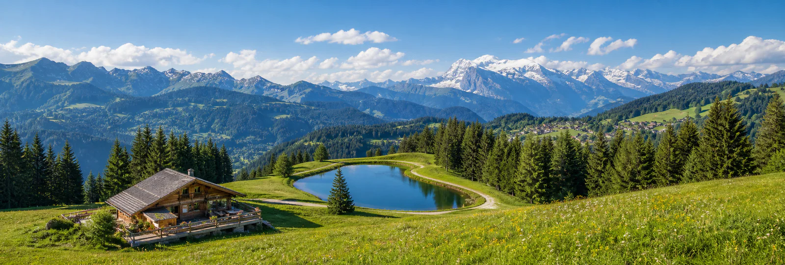 Crest-Voland summer pastures, mountain lake and Alpine panorama