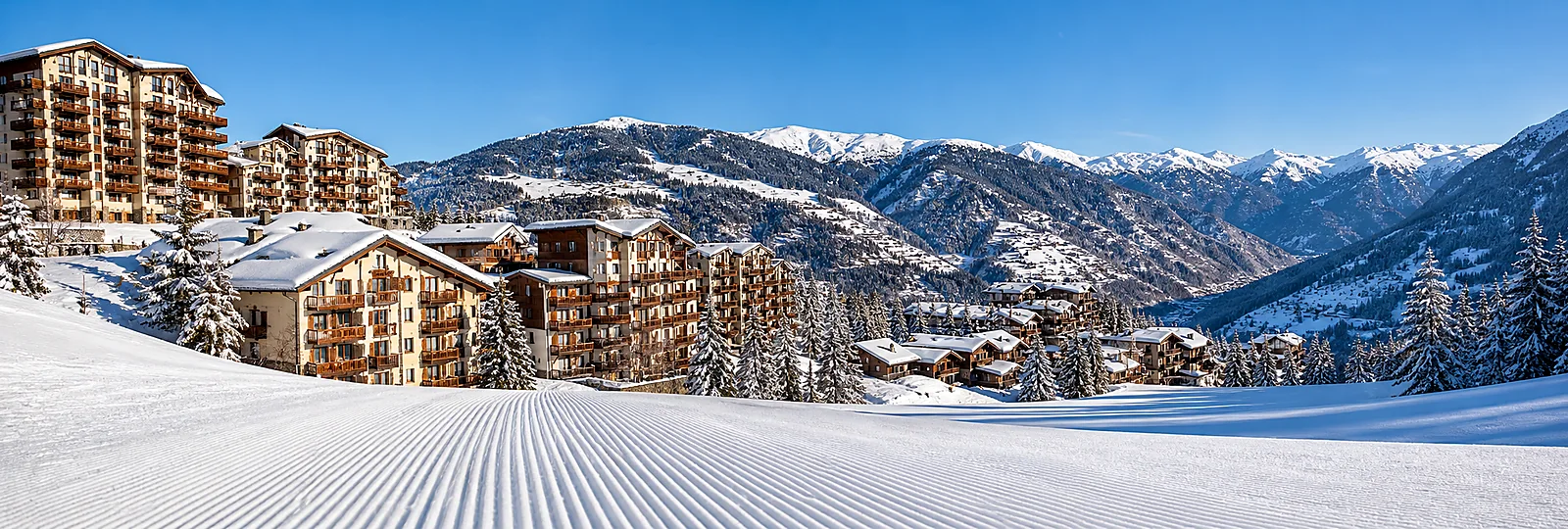 La Tania ski slope and snowy resort buildings