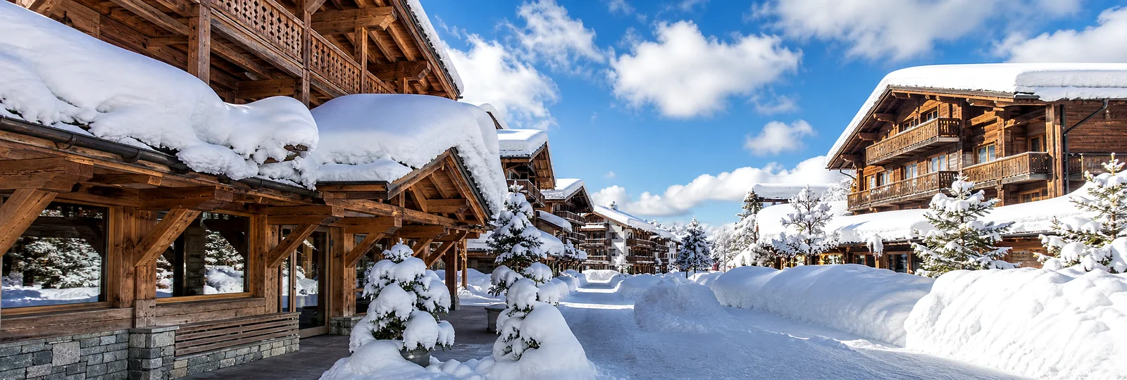 Snowy Les Gets village street with Alpine chalets