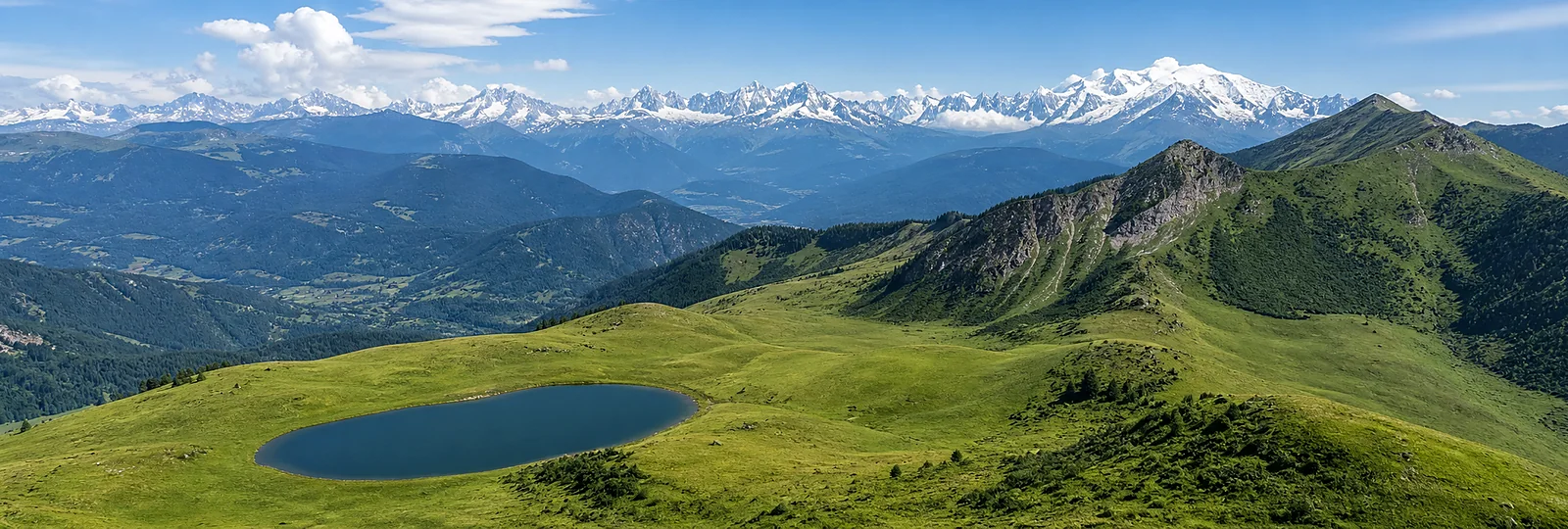 Praz de Lys-Sommand high pasture lake and Mont Blanc views