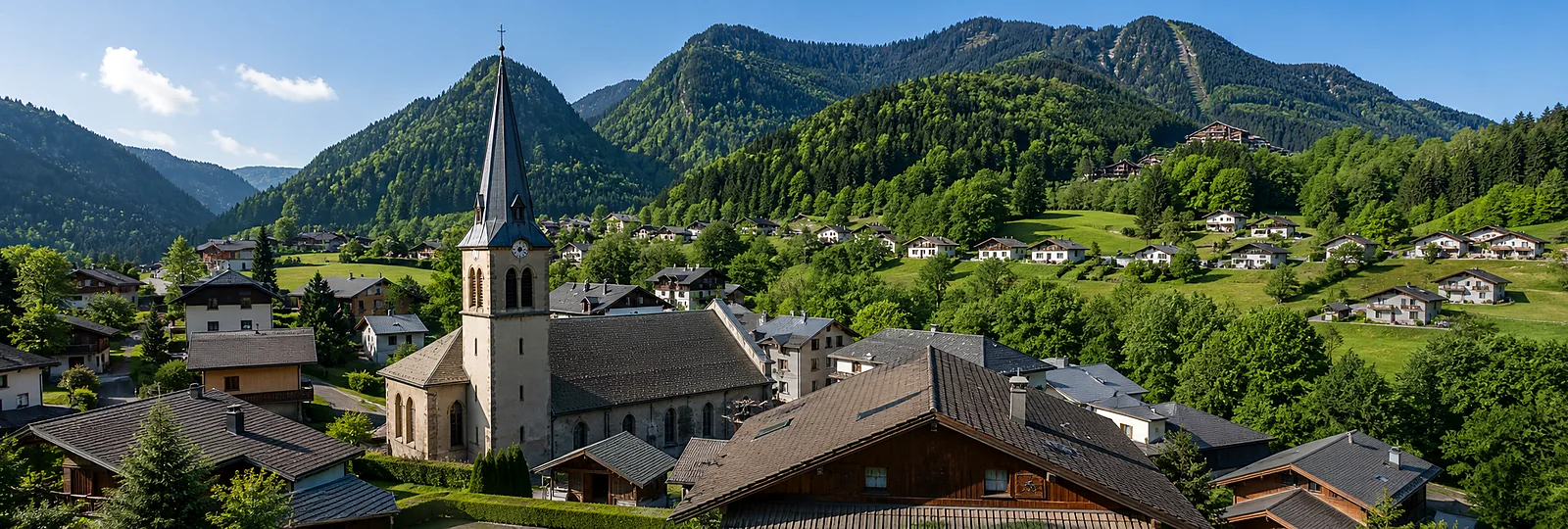 Saint-Jean-d'Aulps church, chalets and green mountain valley