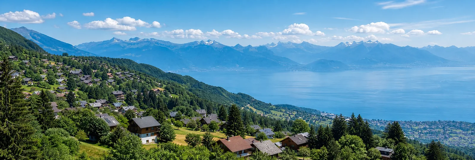 Thollon-les-Memises summer meadows and Lake Geneva panorama