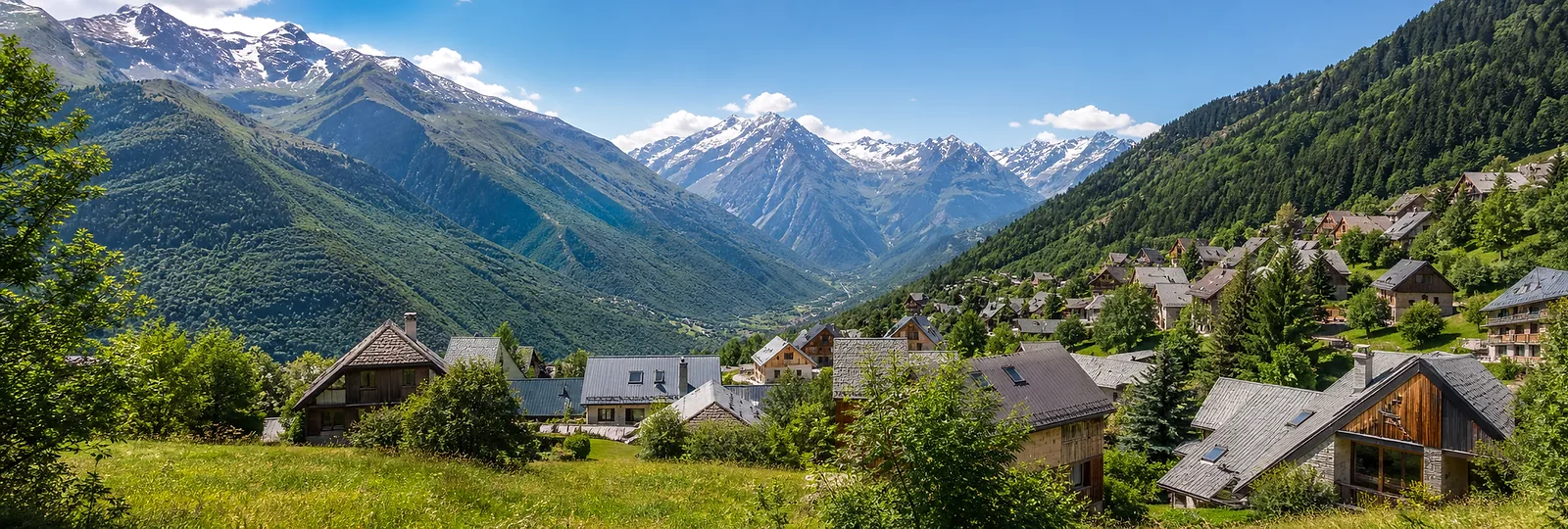 Vaujany summer village and Oisans mountain valley