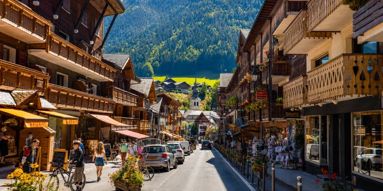 Morzine village street with Alpine buildings