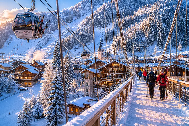 Morzine winter lift access and snowy village