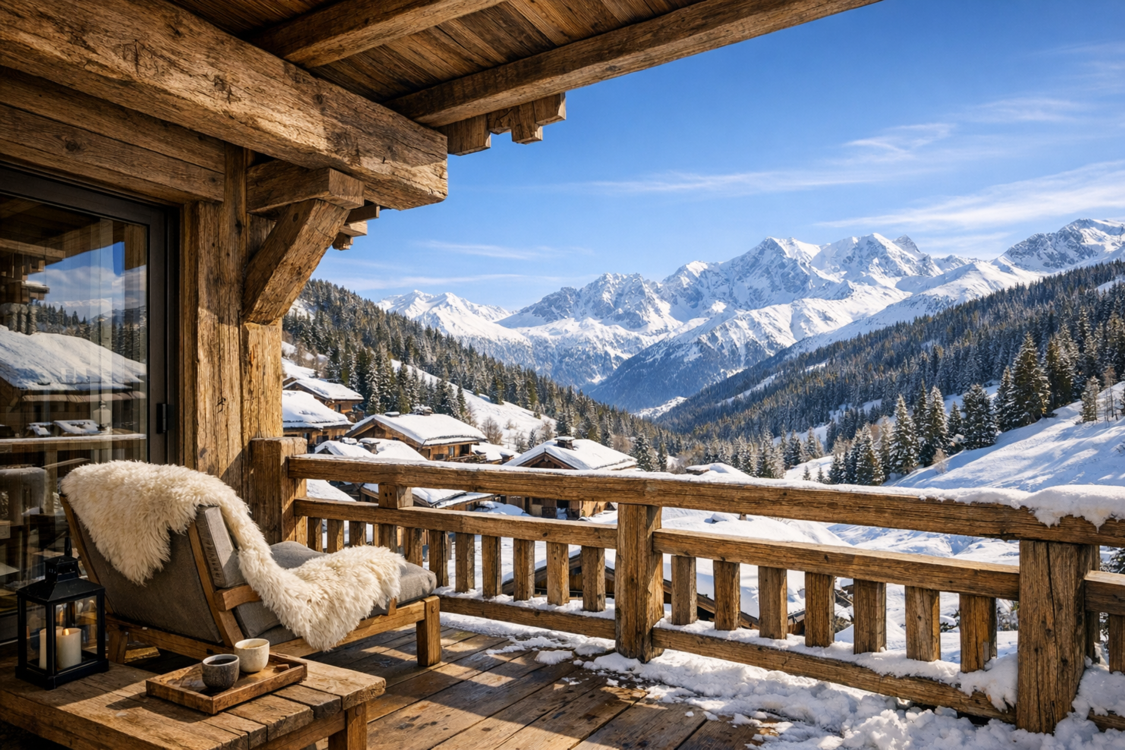 Luxury alpine chalet terrace with panoramic snowy mountain views