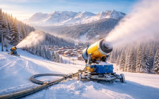 Snowmaking at sunrise in Les Gets