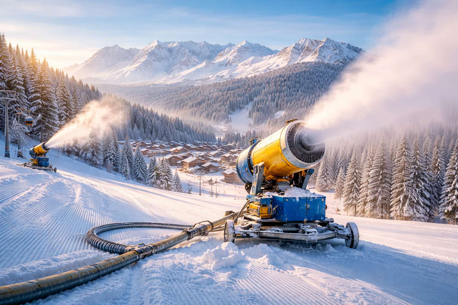 Snowmaking at sunrise in Les Gets