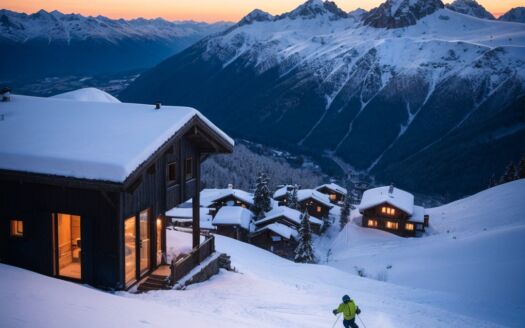 Skier chalet sunset