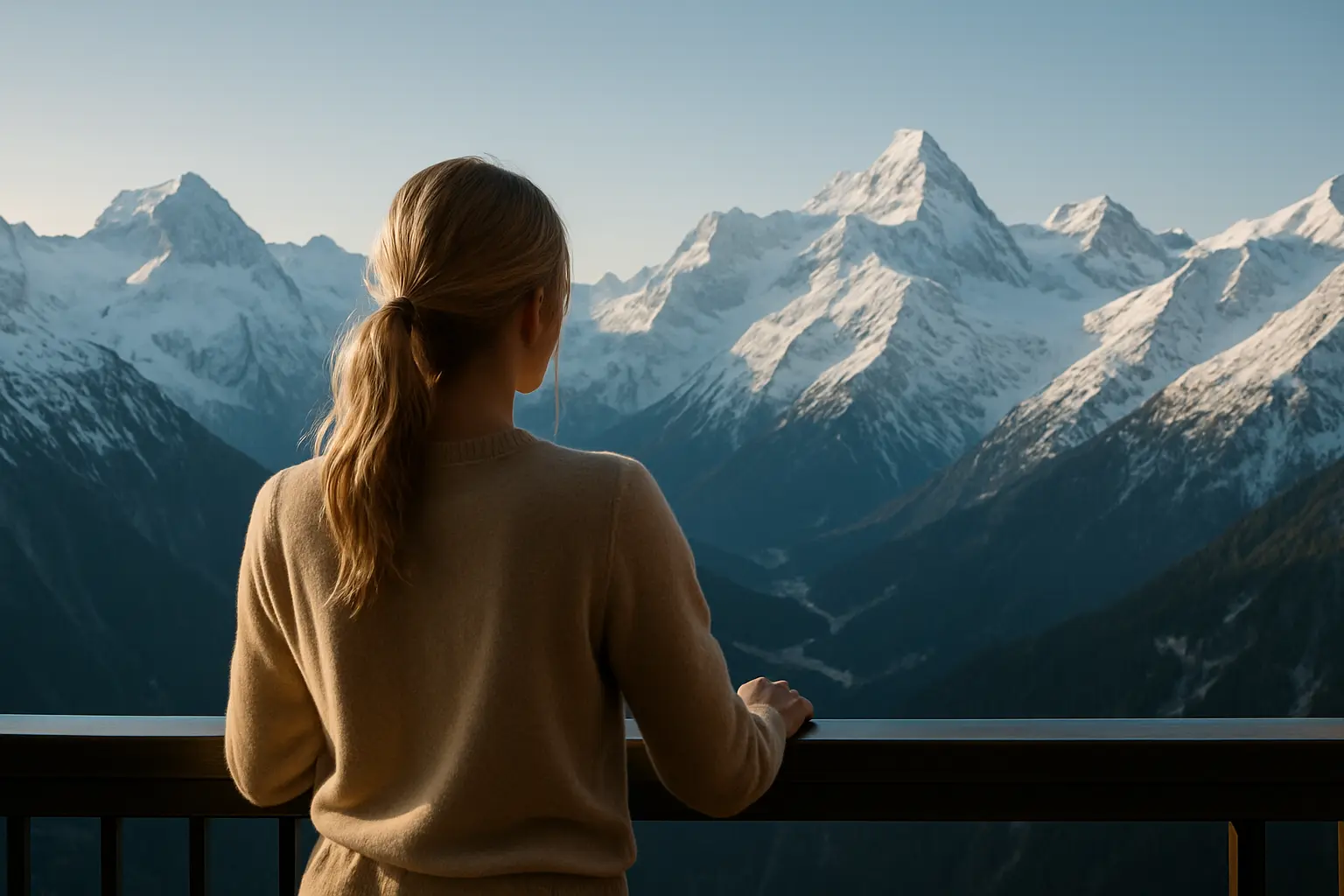 Luxury Real estate hero banner with alpine imagery elegantly overlooking high snowy peaks with a young blond woman's back (top half of body) looking towards the mountain from a balcony railing.