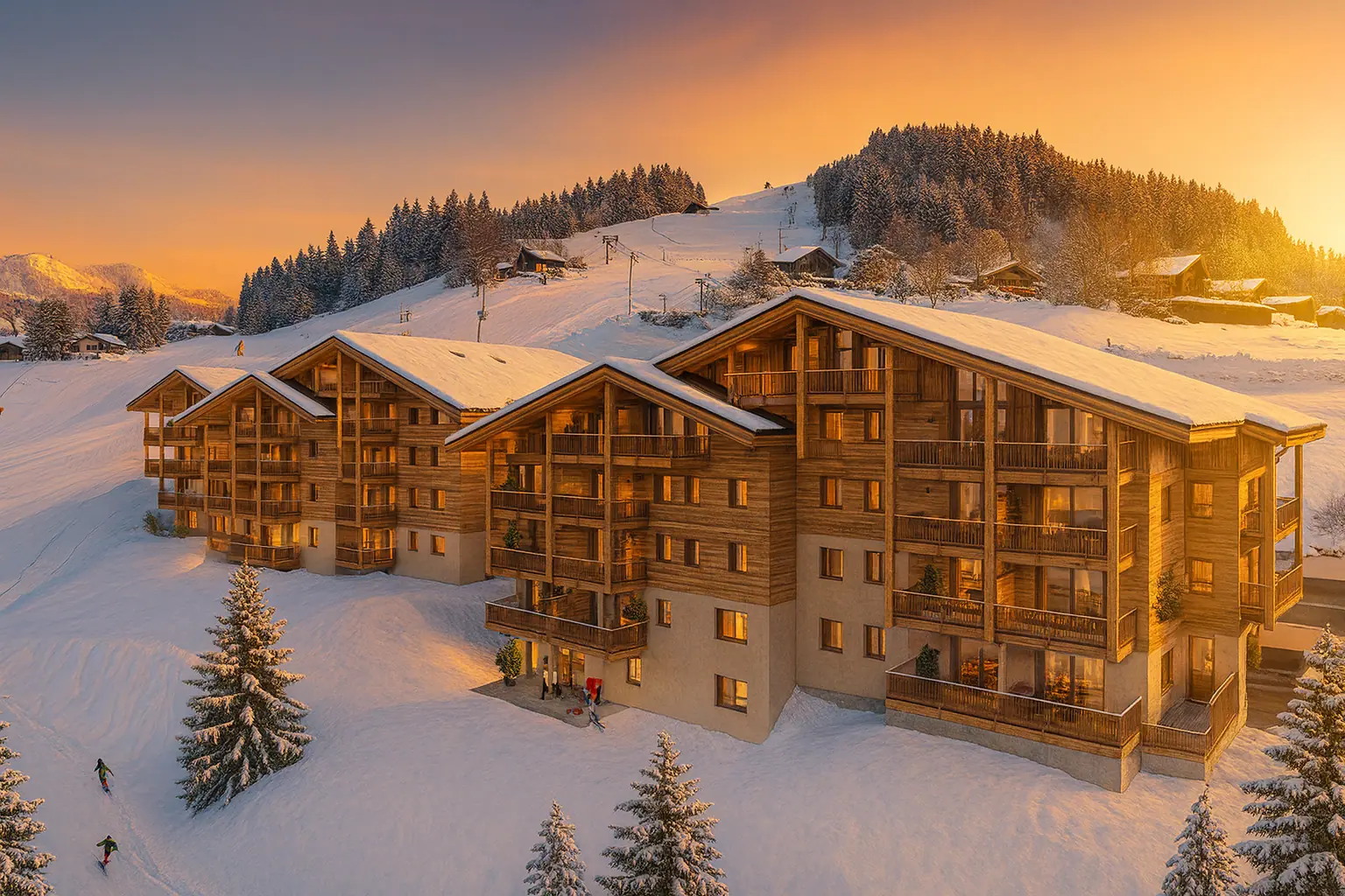 mountain chalet apartments sunset snow skiers ski property for sale