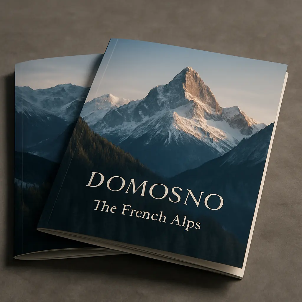 Mock-up Luxury travel brochure mockup with alpine imagery elegantly displayed on high-quality paper. write "DOMOSNO" "The French Alps"