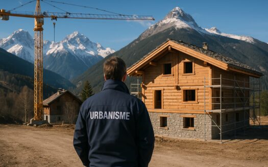 Lois-Montagne. Man from urbanism checking a chalet next to a crane.