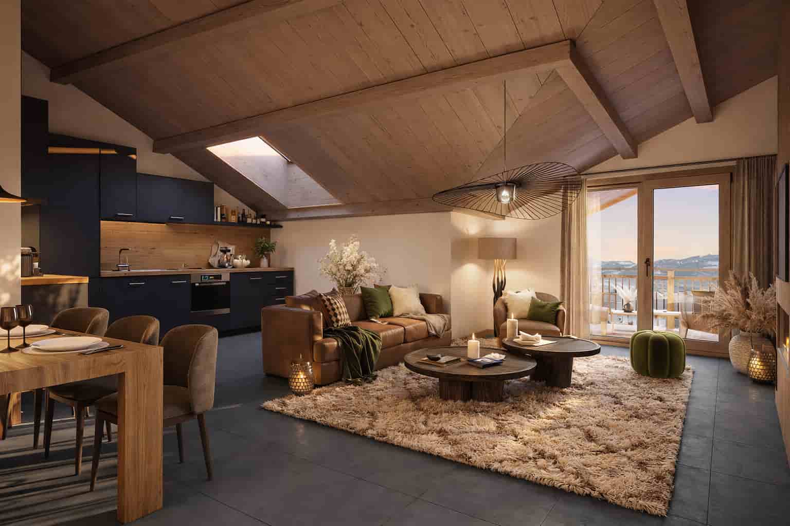 Alpine chalet interior with mountain views