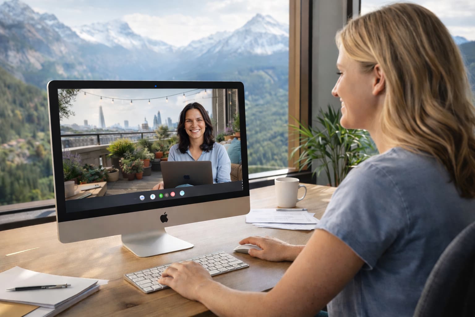 Work call with a scenic backdrop