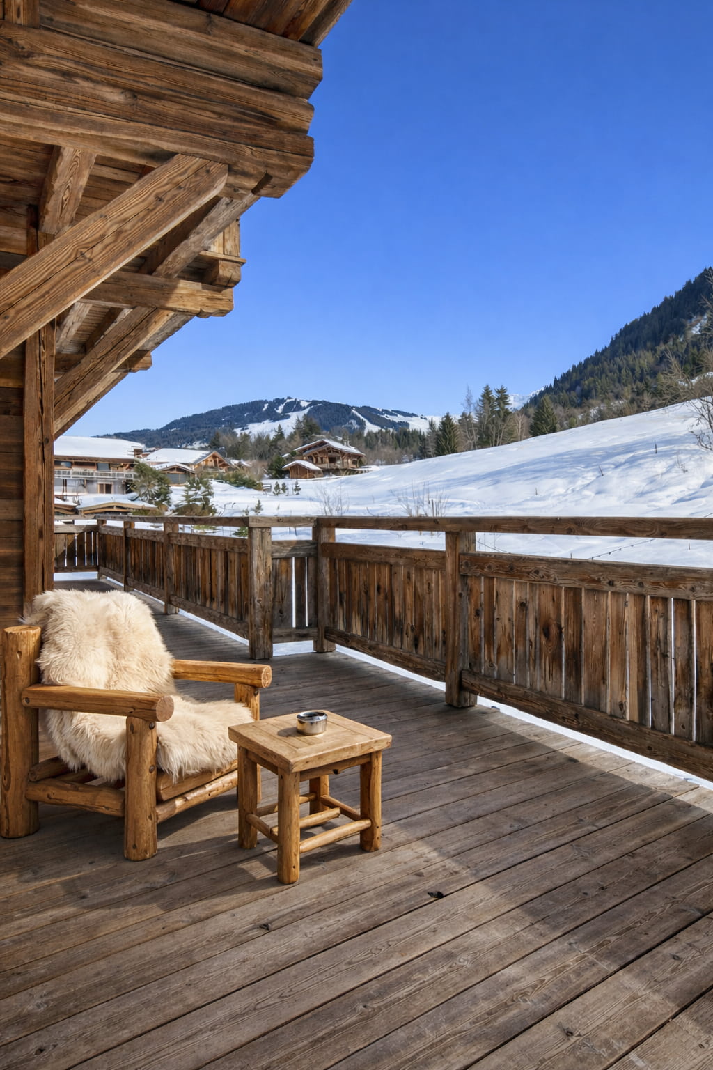 Alpine chalet terrace with panoramic mountain views